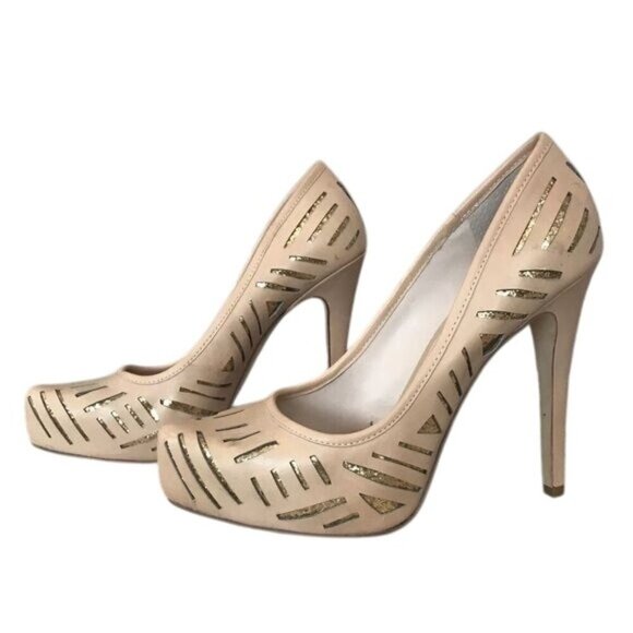 BCBGeneration Size 8.5 Leather Tan & Gold Metallic Eyelet Stiletto Pumps Heels - Picture 1 of 7